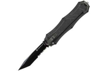 Image of Smith &amp; Wesson Otf Assist Finger Actuator Folding Knife,3.63in,AUS-8 Steel,Partially Serrated,Tanto,Black,Aluminum Handle SWOTF9TBS