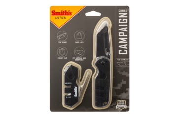 Image of Smiths Campaign Folding Knife, 2.78in, 420 Stainless Steel, Black Stonewash, Tanto Blade, G10 Handle, PP1-Mini Tactical Sharpener, Black, SP-50997