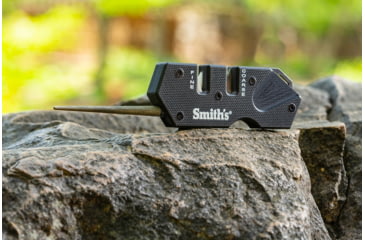 Image of Smiths Campaign Folding Knife, 2.78in, 420 Stainless Steel, Black Stonewash, Tanto Blade, G10 Handle, PP1-Mini Tactical Sharpener, Black, SP-50997