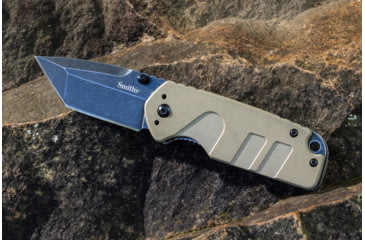 Image of Smiths Campaign Folding Knife, 2.78in, 420 Stainless Steel, Black Stonewash, Tanto Blade, G10 Handle, PP1-Mini Tactical Sharpener, Desert Tan, SP-50998