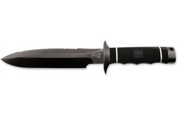 Image of SOG Demo Knife w/ Straight and Serrated 7.2in. Steel Blade and Leather Sheath, BLK TiNi Finish, Black SSD01-L