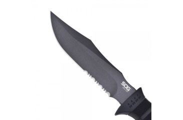 Image of SOG SEAL Pup 9 inch Fixed Blade Knife, Partially Serrated Edge, Clip Point, AUS-8, Powder Coated Black Blade, Black Handle, Ballistic Nylon Sheath, M3N-CP