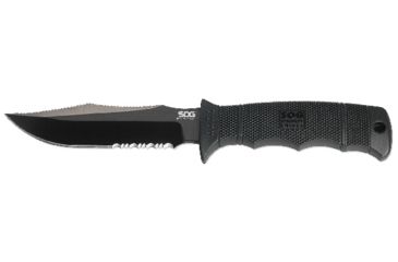 Image of SOG SEAL Pup Elite 9.5 inch Fixed Blade Knife, Partially Serated Edge, Clip Point, AUS-8, Hardcased Black TiNi Blade, Black Handle, Kydex Sheath, E37T-K
