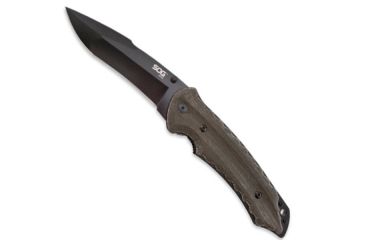 Image of SOG Specialty Knives &amp; Tools Kiku 4.6in Folding Knife, Green Linen Micarta Handle, Black Tini Blade, Plain SOGKU-1012