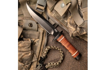 Image of SOG Specialty Knives &amp; Tools Bowie 2.0 Fixed Blade Knife, 6.4in, AUS-8 Blade, Clip Point, Brown, Leather Washers Handle, Black, SOG-S1T-L