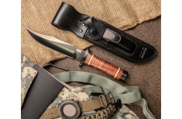 Image of SOG Specialty Knives &amp; Tools Bowie 2.0 Fixed Blade Knife, 6.4in, AUS-8 Blade, Clip Point, Brown, Leather Washers Handle, Black, SOG-S1T-L