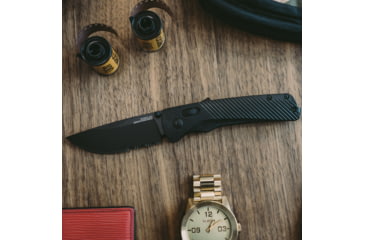 Image of SOG Specialty Knives &amp; Tools Flash At  Blackout Automatic Folding Knife, 3.38in, D2 Tool Steel, Drop Point Blade, Partially Serrated, Black Coated, Black GRN Handle, SOG-11-18-02-57