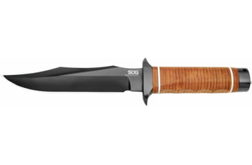 Image of SOG Specialty Knives &amp; Tools Super SOG Bowie Fixed Blade Knife, 7.5in, AUS-8 Blade, Clip Point, Brown, Leather Washers Handle, Black, SOG-SB1T-L