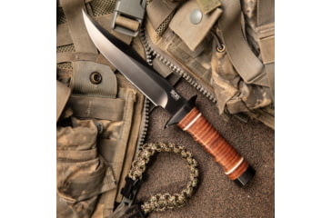 Image of SOG Specialty Knives &amp; Tools Super SOG Bowie Fixed Blade Knife, 7.5in, AUS-8 Blade, Clip Point, Brown, Leather Washers Handle, Black, SOG-SB1T-L