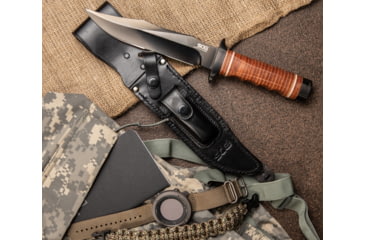 Image of SOG Specialty Knives &amp; Tools Super SOG Bowie Fixed Blade Knife, 7.5in, AUS-8 Blade, Clip Point, Brown, Leather Washers Handle, Black, SOG-SB1T-L