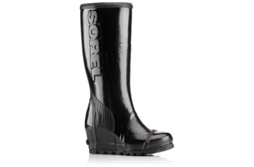 Image of Sorel Joan Rain Wedge Tall Gloss Rubber Boot, Womens, Black/Sea Salt, 6.5 US, 1757591010-6.5