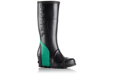 Image of Sorel Joan Rain Wedge Tall Rubber Boot - Women's-Black/Bright Emerald-Medium-8