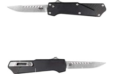 Image of Southern Grind Arachnid Automatic Folding Knife, 3.2 in, S35VN Steel, Point Plain Blade, Stonewash Drop, Black 7075-T6 Aluminum Handle, SG12030020