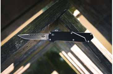 Image of Southern Grind Arachnid Automatic Folding Knife, 3.2 in, S35VN Steel, Point Plain Blade, Stonewash Drop, Black 7075-T6 Aluminum Handle, SG12030020