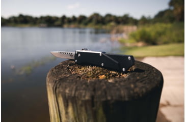 Image of Southern Grind Arachnid Automatic Folding Knife, 3.2 in, S35VN Steel, Point Plain Blade, Stonewash Drop, Black 7075-T6 Aluminum Handle, SG12030020