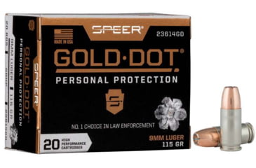 Image of Speer Gold Dot Handgun Personal Protection 9mm Luger 115 Grain Gold Dot Hollow Point Cavity Brass Cased Pistol Ammo, 50 Rounds, 53614GD