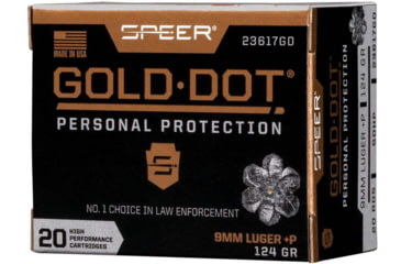 Image of Speer Gold Dot Handgun Personal Protection 9mm Luger +P 124 Grain Gold Dot Hollow Point Cavity Brass Cased Pistol Ammo, 50 Rounds, 53617GD