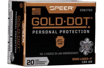 Image of Speer Gold Dot Handgun Personal Protection 9mm Luger +P 124 Grain Gold Dot Hollow Point Cavity Brass Cased Pistol Ammo, 50 Rounds, 53617GD