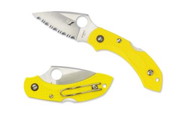 Image of Open Box, Dealer Demo, Spyderco Salt Dragonfly2 Folding Knife, 2.25in, H-2 Steel, Serrated Blade, Leaf Blade, FRN Yellow Handle, C28SYL2-DMO
