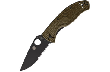 Image of Spyderco Tenacious LWT Folding Knife, 3.38in, 8Cr13MoV Stainless Steel, Black DLC, Partially Serrated, Drop Point Blade, OD Green Bi-Directional Texture FRN Handle, C122PSODBK