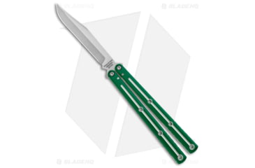 Image of Squid Industries Krake Raken V3 Butterfly Folding Knife, 4.50in, AEB-L Steel, Clip Point Blade, Aluminum, Green/White Handle, Green/White/Silver, 10.125 inch, BHQ-179150