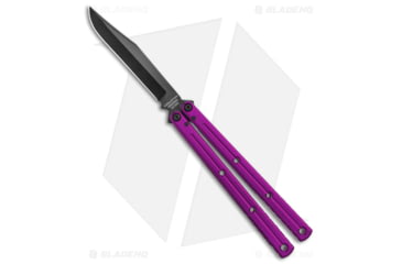 Image of Squid Industries Krake Raken V3 Butterfly Folding Knife, 4.50in, AEB-L Steel, Clip Point Blade, Aluminum, Purple Handle, Purple/Black, 10.125 inch, BHQ-180385