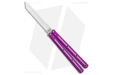 Image of Squid Industries Krake Raken V3 Butterfly Folding Knife, 4.50in, AEB-L Steel, Tanto Blade, Aluminum, Purple Handle, Purple/Silver, 10.125 inch, BHQ-180386
