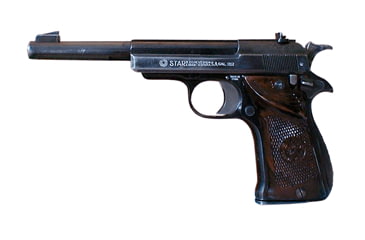 Image of Star F Pistol, .22 Long Rifle, 5.9in barrel, blued finish steel frame, brown checkered plastic grip, blowback operated semi-auto, fixed blade and notch, 10 round magazine, STAR-F-.22LR-5.9-1-FRRMPG