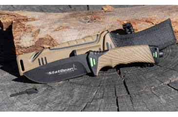 Image of StatGear Surviv-All Outdoor Camping Knife w/ Firestarter &amp; Sharpening Stone, 4.25in, 440 Stainless Steel, Full Tang, Rubber, Brown, 99416