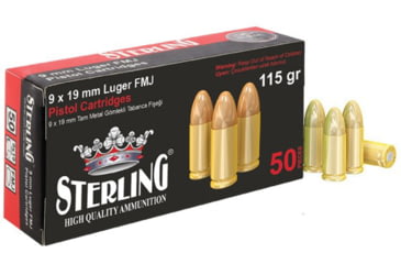 Image of Sterling 9mm Luger 115 Grain Full Metal Jacket FMJ Brass Cased Pistol Ammo, 50 Rounds, 8698779955748
