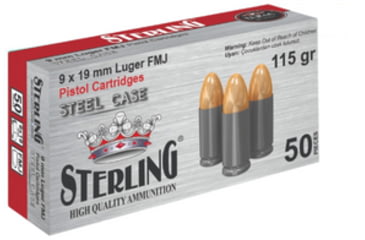 Image of Sterling 9mm Luger 115 Grain Full Metal Jacket FMJ Steel Cased Pistol Ammo, 50 Rounds, 8698779957674