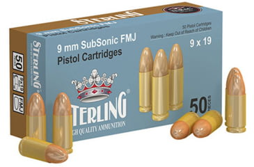 Image of Sterling 9mm Luger 147 Grain Subsonic Full Metal Jacket FMJ Brass Cased Pistol Ammo, 50 Rounds, 8698779954345