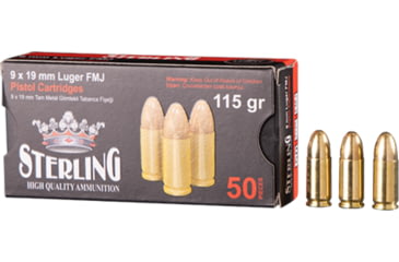 Image of Sterling 9x19mm 115 Grain Full Metal Jacket Brass Cased Centerfire Pistol Ammo, 50 Rounds, 95241