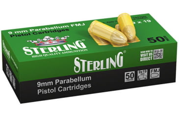 Image of Sterling 9x19mm 124 Grain FMJ Brass Cased Pistol Ammo, 50 Rounds, 500.9.19.P.FMJ
