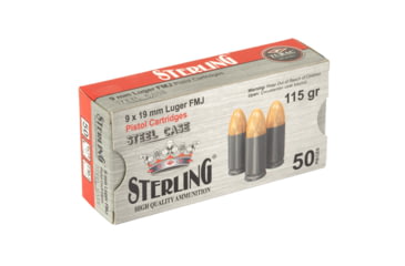 Image of Sterling Steel Case, 9MM, 115 Grain, Full Metal Jacket, 50 Round Box