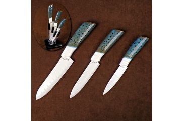 Image of Ceramic Kitchen Cutlery Set w/6in Santoku, 5in Utility, 4in Parer and Holder, Gree/Blue/White, 6.0/5.0/4.0