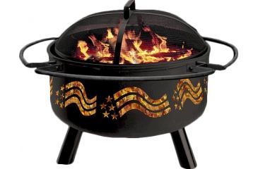 Image of Stone River Gear Solid-Steel Fire Pit/Grill Combo, Spark Arrestor, Grill Lifter and Flag Themed cutout on Sidewalls, Black, SRG1FP/FLAG