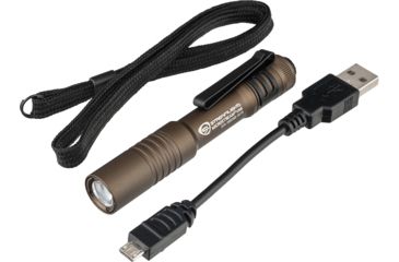 Image of Streamlight MicroStream Ultra-Compact USB Rechargeable Personal Light, 250/50 Lumens w/ 5in USB Cord and Lanyard, Box, Coyote, 66609