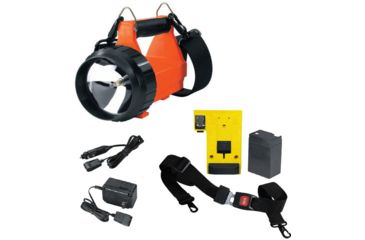 Image of Streamlight Vulcan Orange Flashlight with vehicle and home chargers, charging rack, battery, quick release shoulder strap 44500. Not shown: 8-Watt dual filament backup lamp assembly (included with 44511).