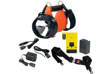 Image of Streamlight Vulcan Orange Flashlight with vehicle and home chargers, charging rack, battery, DC vehicle charging wire, quick release shoulder strap 44501. Not shown: 8-Watt dual filament backup lamp assembly (included with 44520, 44521).
