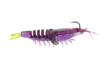 Image of Strike King Tidal Shrimp Fishing Lure, Pre-rigged Soft Plastic Shrimp Bait, Durable Mesh Tail, 2/0 Single Hook, 3 1/2in, 1/4oz, Purple Firetiger, PRSSW3-516