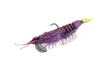 Image of Strike King Tidal Shrimp Fishing Lure, Pre-rigged Soft Plastic Shrimp Bait, Durable Mesh Tail, 2/0 Single Hook, 3 1/2in, 1/4oz, Purple Firetiger, PRSSW3-516