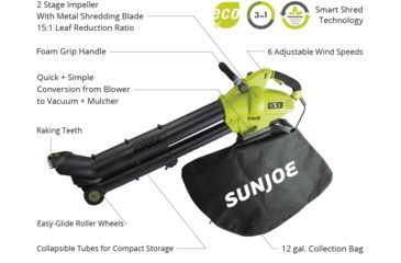 Image of Sun Joe 3-in-1 Electric Blower - 250 MPH - 13 Amp - Vacuum Mulcher, Green SBJ702E