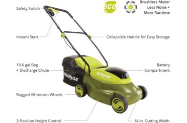 Image of Sun Joe Cordless Lawn Mower with Brushless Motor - 5Ah, 14in, 24V, Green MJ24C-14-XR