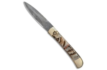 Image of Super Knife 9 Leverlock Dagger Automatic Folding Knife, 4.00in, Damascus, Dagger Blade, Stag, Brown Handle, Brown/Black, 9.00 inch, BHQ-80253