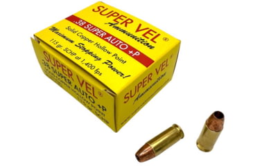 Image of Super Vel Ammunition 38 Super Auto +P 115 Grain Solid Copper Hollow Point Brass Pistol Ammunition, 20 Round, 38SPR11520