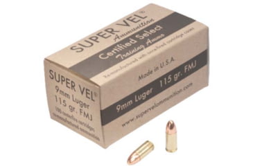 Image of Super Vel Ammunition 9mm Luger 115 grain Full Metal Jacket Brass Cased Pistol Ammo, 100 Rounds, 9115100