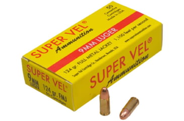 Image of Super Vel Ammunition 9mm Luger 124 Grain Full Metal Jacket Brass Pistol Ammunition, 50 Round, 912450N