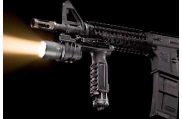 Image of SureFire M900A Picatinny Rail Vertical Foregrip Weapon Light - A.R.M.S. Throw-Lever Mount - shown mounted and lit