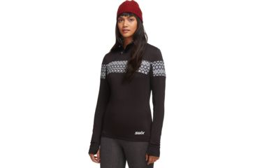 Image of Swix Myrene Asym Zip Midlayer - Womens, Black/White Print, Extra Small, 19072-10001P-XS